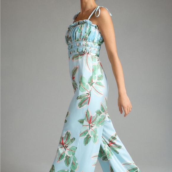 Anthropologie Hutch Ruched Jumpsuit Light Blue Tropical Sz 10 NEW - Picture 3 of 16